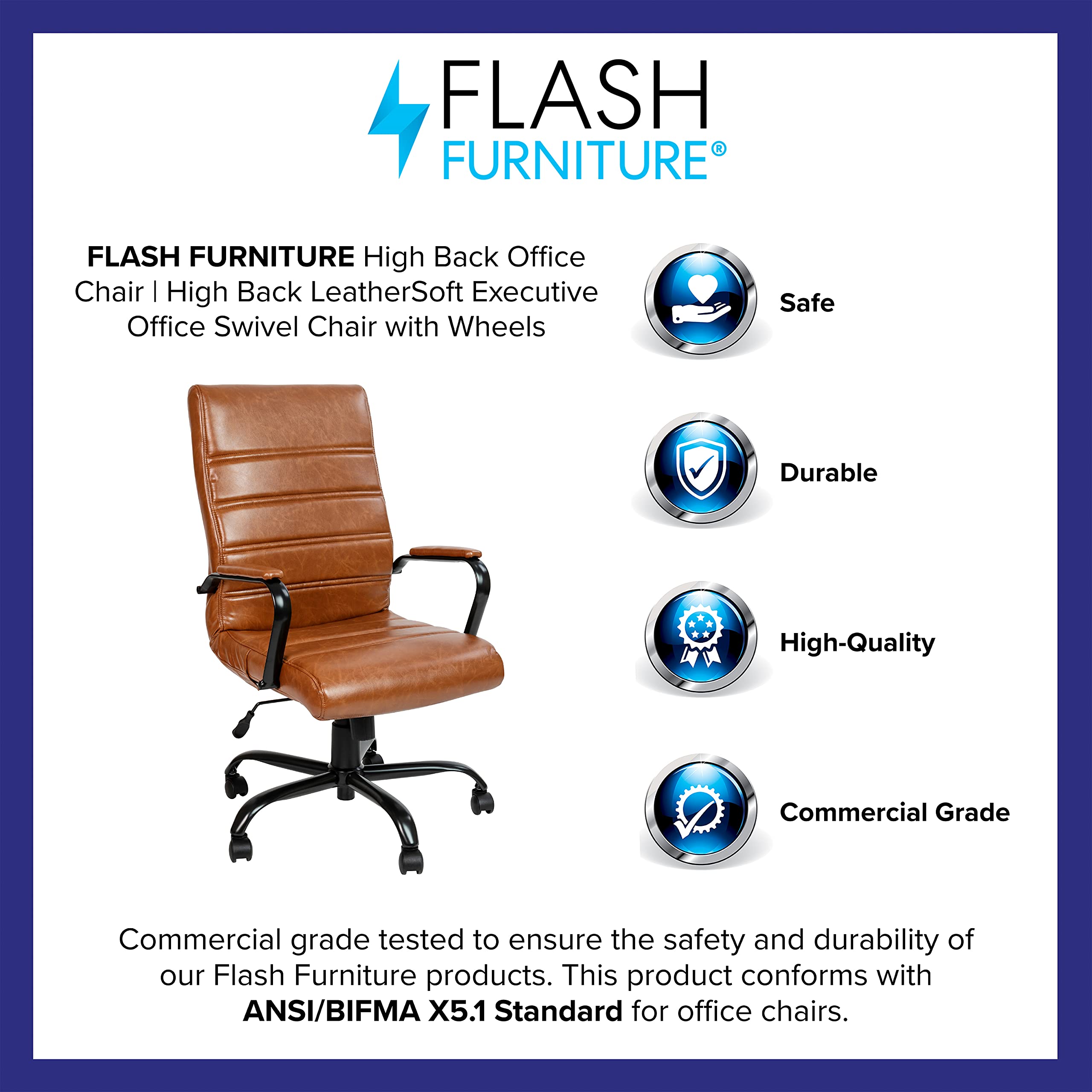 EMMA + OLIVER High Back Brown LeatherSoft Executive Swivel Office Chair with Black Frame/Arms