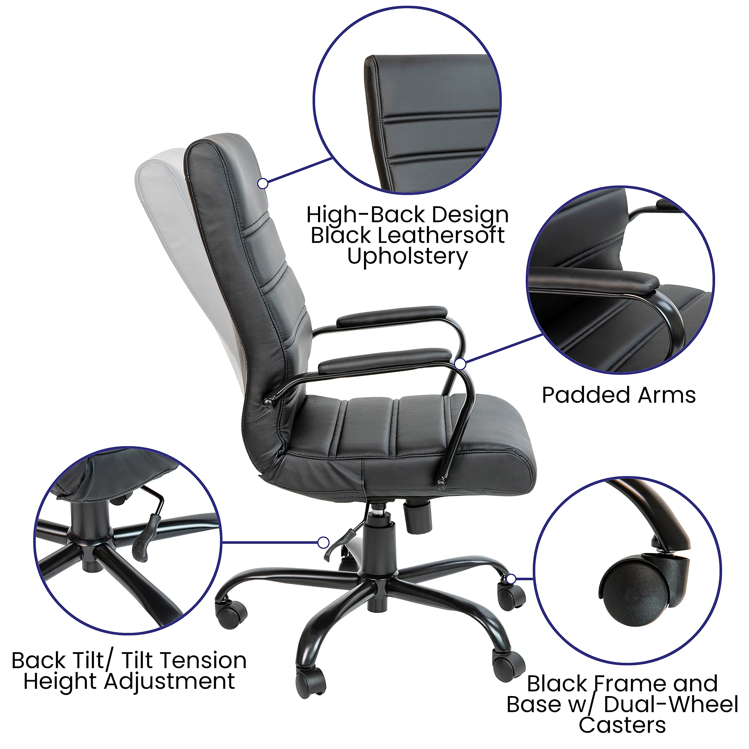 EMMA + OLIVER High Back Black LeatherSoft Executive Swivel Office Chair with Black Frame/Arms