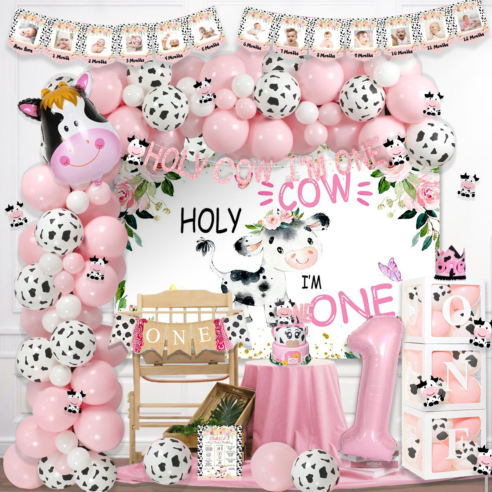 Fiesec Holy Cow I'm One Birthday Decorations, Cow First Birthday Party Supplies Girl, Cow Print 1st Decorations, 1st Birthday Girl Decorations