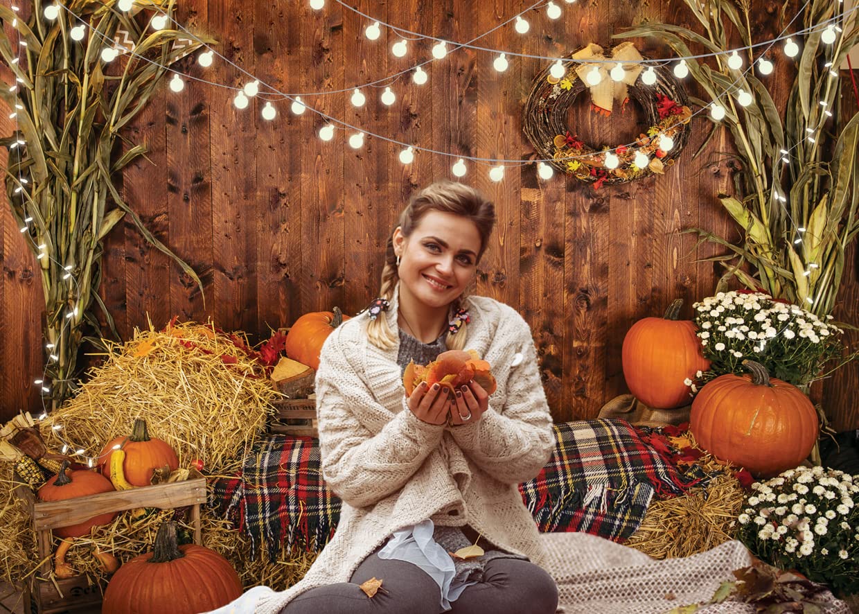 WOLADA 7x5FT Fall Backdrops for Photography Thanksgiving Backdrop Fall Haystack Photo Backdrop Farm Harvest Backdrop Pumpkin Barn Vintage Wooden Plank Background Newborn Photo Backdrop 12480