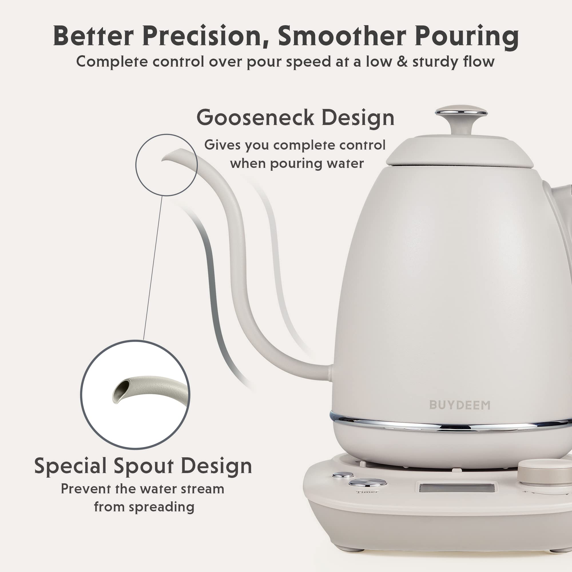 BUYDEEM K821 Electric Gooseneck Kettle with Variable Temperature Control, Pour Over Coffee Tea Kettle, Durable 18/8 Stainless Steel, Auto Keep Warm & Built in Brewing Timer, 0.8L