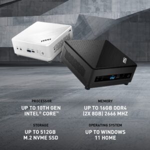 MSI Cubi 5 Mini PC: Intel Core i3-10110U, 8GB DDR4 (1x8GB) 2666MHz, 256GB SSD, WiFi 6, Bluetooth 5.1, USB Type-C, Dual Display, Energy Efficient, Black, Windows 11 Home: 10M-692US