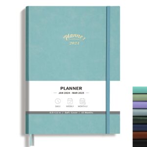 rettacy 2024 planner - calendar 2024 planner, planner 2024-2025 daily weekly and monthly, jan 2024 - mar 2025, 100 gsm premium acid-free paper, leather softcover, 8.5" × 11" (blue gray)