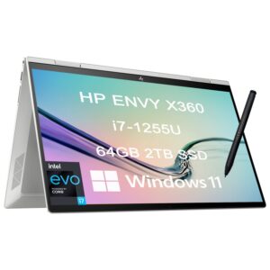 hp envy x360 15 15.6" fhd 2-in-1 touchscreen (intel 12th gen i7-1255u, 64gb ram, 2tb pcle ssd, active stylus) fhd convertible laptop, backlit kb, pen, 2 x thunderbolt 4, webcam, win 11 home