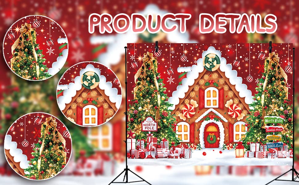 Christmas Gingerbread House Backdrop Winter Merry Xmas Tree Gift Photography Background Family Holiday Party Red Christmas Theme Backdrop Decoration 7x5FT