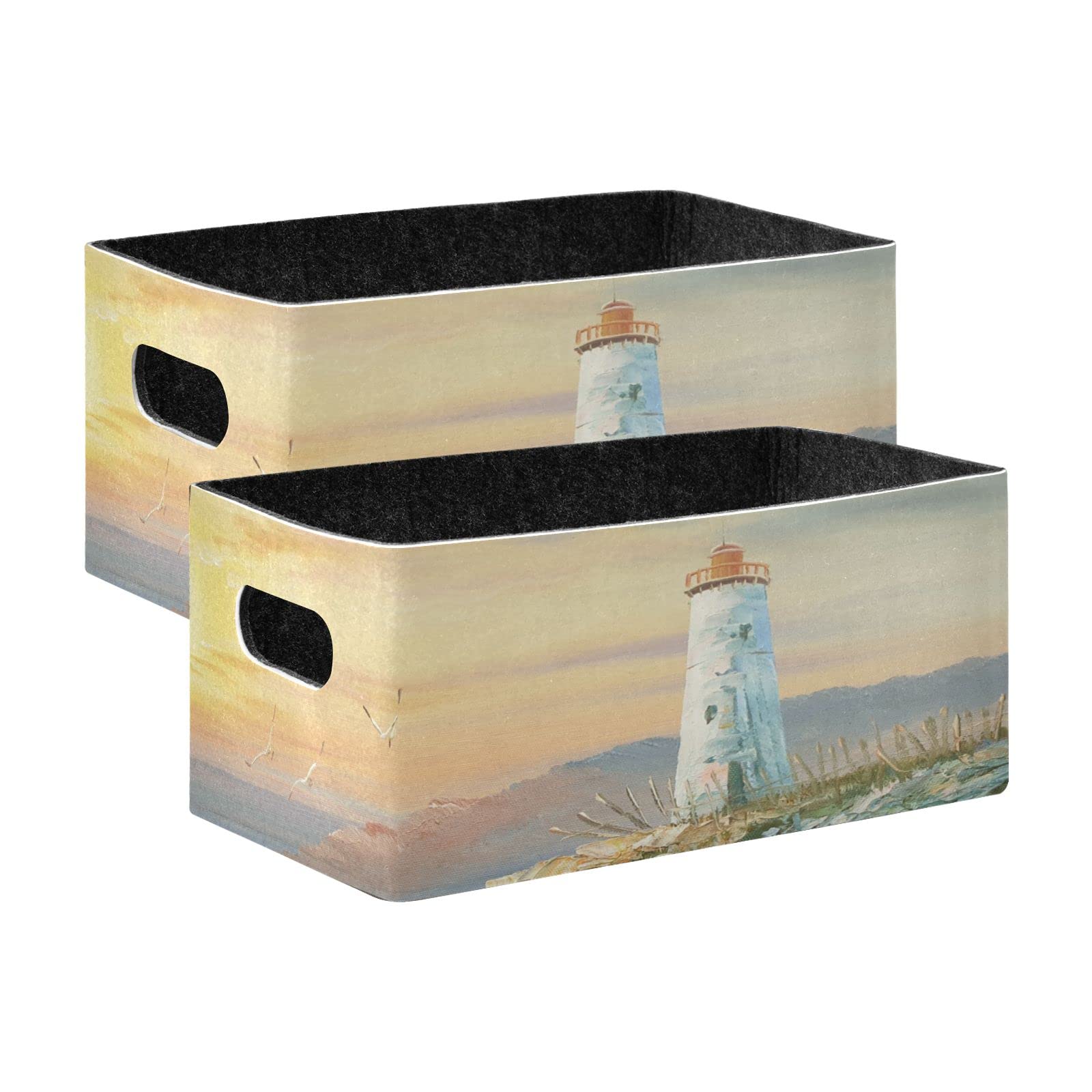 Lighthouse Seasgull Oil Painting Collapsible Storage Bins Baskets, 2 Pack Foldable Felt Fabric Organizer Decorative Cube Box for Nursery Home Shelves Closet