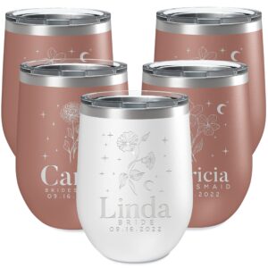 united craft supplies personalized bridesmaid wine tumbler w/name & title, bridesmaid gifts, 10 colors 12 birth flower, engraved stemless wine tumbler w/lid, bridesmaid proposal gifts