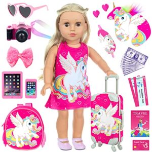 unicorn element 15pcs 18 inch girl doll clothes and accessories, travel suitcase with unicorn luggage play set including suitcase, schoolbag, u-shaped pillow, glasses, camera, etc (not doll)