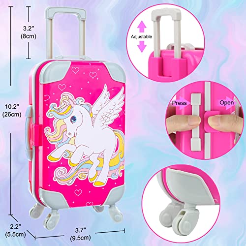 UNICORN ELEMENT 15Pcs 18 Inch Girl Doll Clothes and Accessories, Travel Suitcase with Unicorn Luggage Play Set Including Suitcase, Schoolbag, U-Shaped Pillow, Glasses, Camera, etc (Not Doll)