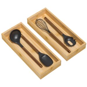 lixple bamboo kitchen drawer organizer, stackable utensil holder silverware organizer cutlery tray - 2pcs organizer bins for makeup jewelries flatware in bathroom, office desk, cabinets, 15x6x2 inch