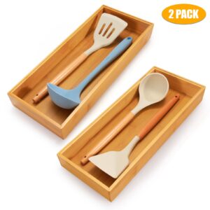 Lixple Bamboo Kitchen Drawer Organizer, Stackable Utensil Holder Silverware Organizer Cutlery Tray - 2PCS Organizer Bins for Makeup Jewelries Flatware in Bathroom, Office Desk, Cabinets, 15x6x2 inch