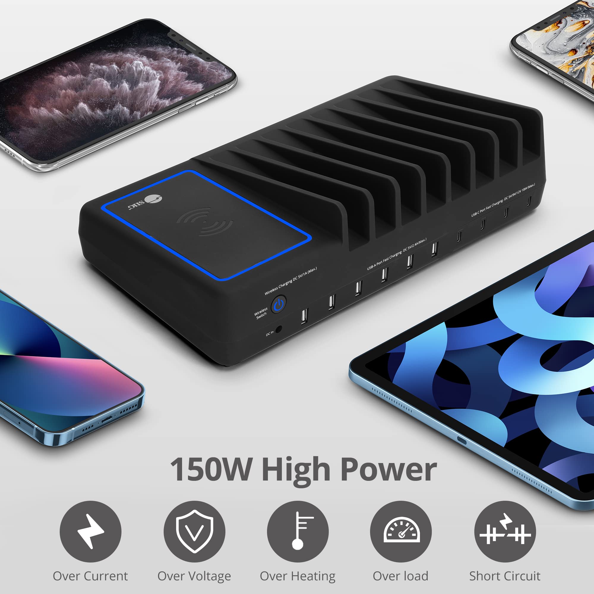 SIIG 10 Port 150W USB Charging Station with Qi Wireless Charging Deck, 6X USB-A and 4X USB-C Charging Ports, Vertical Device Organizer, Compatible with iPhones, iPads and More (AC-PW1R11-S1)