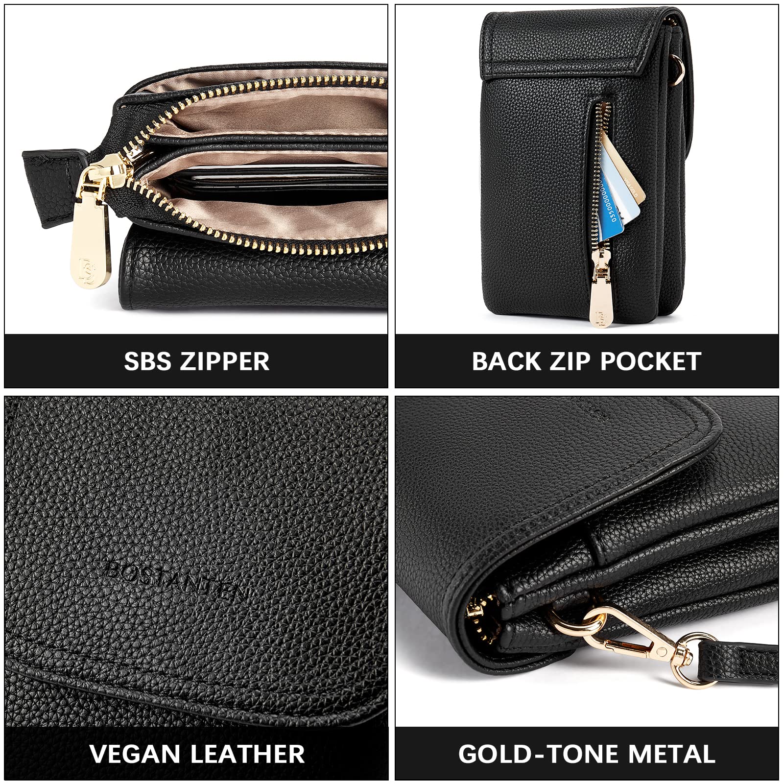 BOSTANTEN Leather Small Crossbody Bags for Women Designer Cell Phone Bag Wallet Purses Adjustable Strap Classic Black