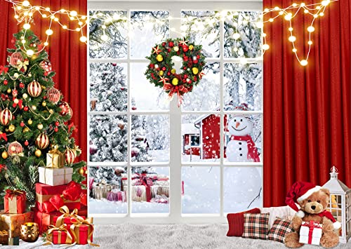 LTLYH Christmas Backdrop 10x8ft Christmas Winter Snow Red Window Photo Backdrop Xmas Holiday Photo Booth Portrait Party Banner Decor Background