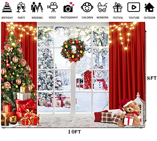 LTLYH Christmas Backdrop 10x8ft Christmas Winter Snow Red Window Photo Backdrop Xmas Holiday Photo Booth Portrait Party Banner Decor Background