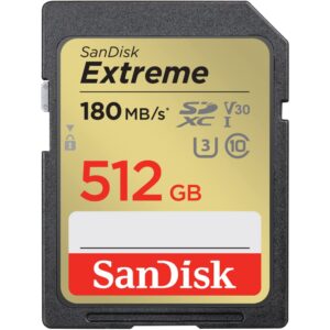 sandisk 512gb extreme sdxc uhs-i memory card - c10, u3, v30, 4k, uhd, sd card - sdsdxvv-512g-gncin