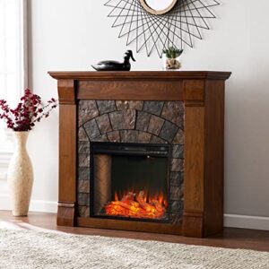 sei furniture elkmont faux stone/engineered wood smart electric fireplace in oak