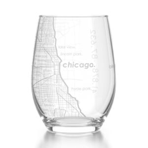well told engraved chicago illinois map stemless wine glass, etched wine glass (15 oz, clear) city map wine glass, custom wine glass, gifts for wine lovers