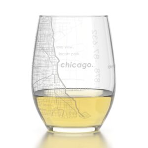 Well Told Engraved Chicago Illinois Map Stemless Wine Glass, Etched Wine Glass (15 oz, Clear) City Map Wine Glass, Custom Wine Glass, Gifts for Wine Lovers