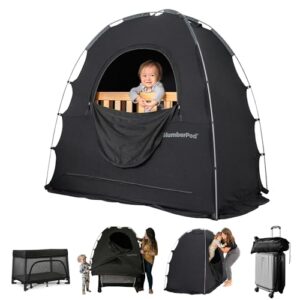 slumberpod the original blackout sleep tent travel essential for babies and toddlers, mini crib and pack n play cover, sleep pod for kids with monitor pouch and fan pouch, blocks 95%+ light, black