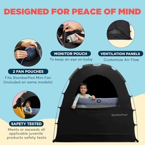 SlumberPod The Original Blackout Sleep Tent Travel Essential for Babies and Toddlers, Mini Crib and Pack N Play Cover, Sleep Pod for Kids with Monitor Pouch and Fan Pouch, Blocks 95%+ Light, Black