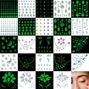 12sets noctilucent face jewels-luminous face gems- halloween fluorescent rhinestone stickers eye body euphoria makeup jewelry glow in the dark for carnival rave festival accessory nail art decorations