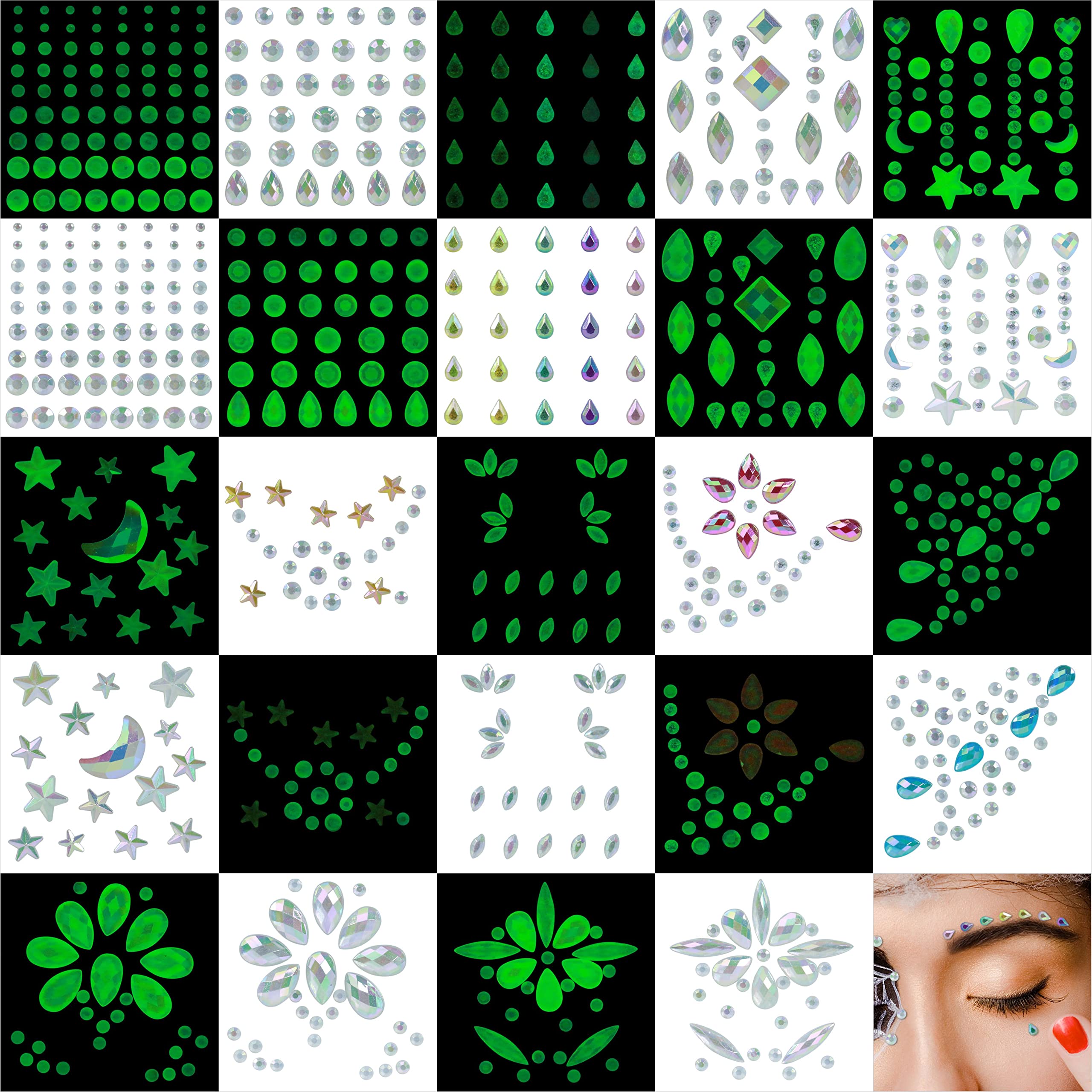 12Sets Noctilucent Face Jewels-Luminous Face Gems- Halloween Fluorescent Rhinestone Stickers Eye Body Euphoria Makeup Jewelry Glow in the Dark for Carnival Rave Festival Accessory Nail Art Decorations