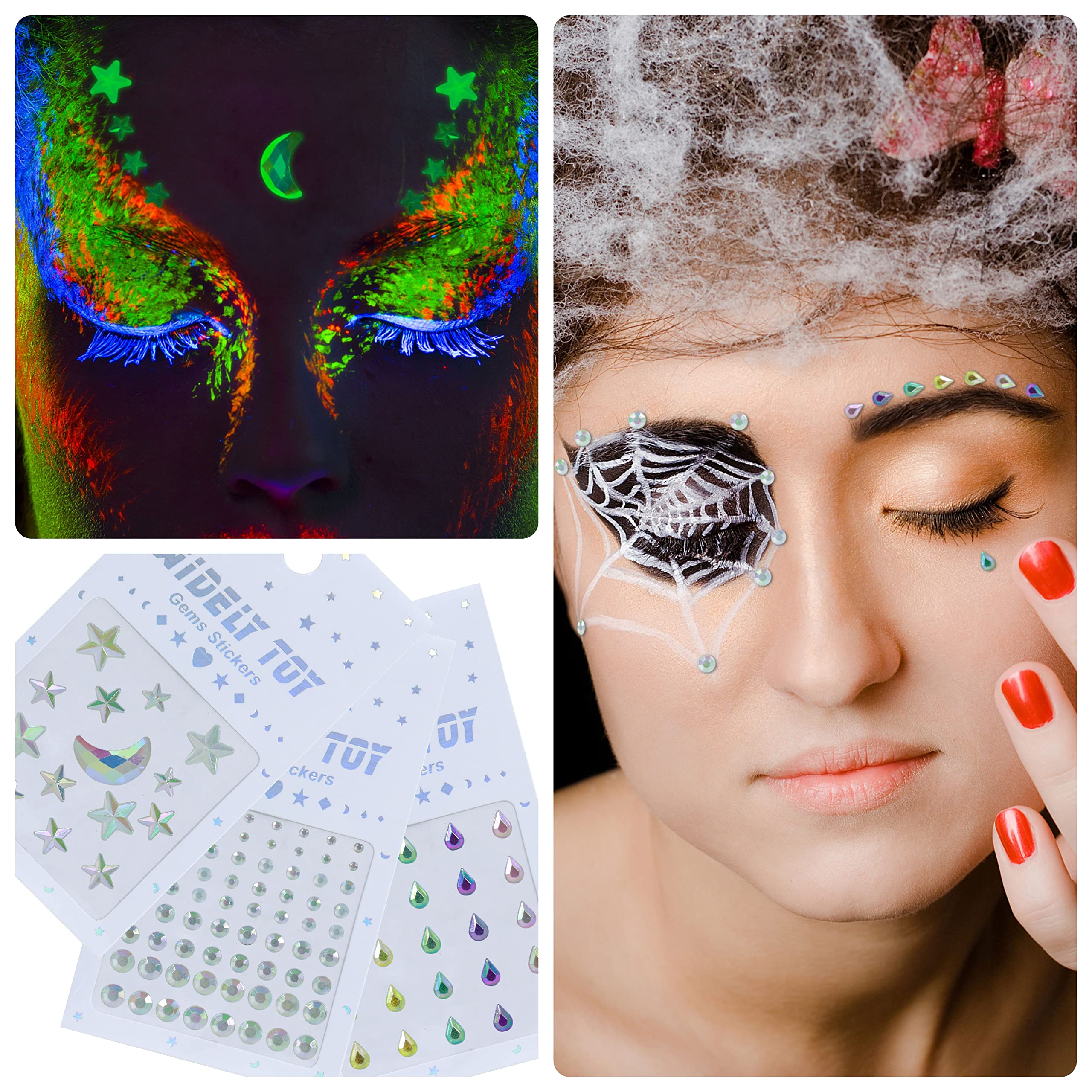 12Sets Noctilucent Face Jewels-Luminous Face Gems- Halloween Fluorescent Rhinestone Stickers Eye Body Euphoria Makeup Jewelry Glow in the Dark for Carnival Rave Festival Accessory Nail Art Decorations