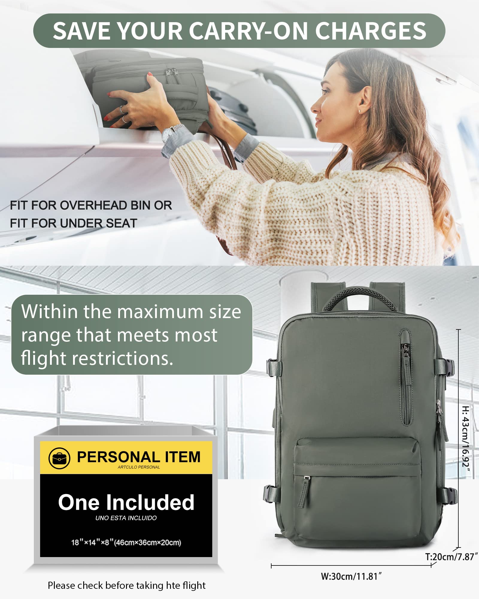 VECAVE Carry On Backpack for Women,Large Travel Backpack Flight Approved,Waterproof 17 Inch Laptop Backpack Business Work Backpacks Men Mochila De Viaje DarkGreen