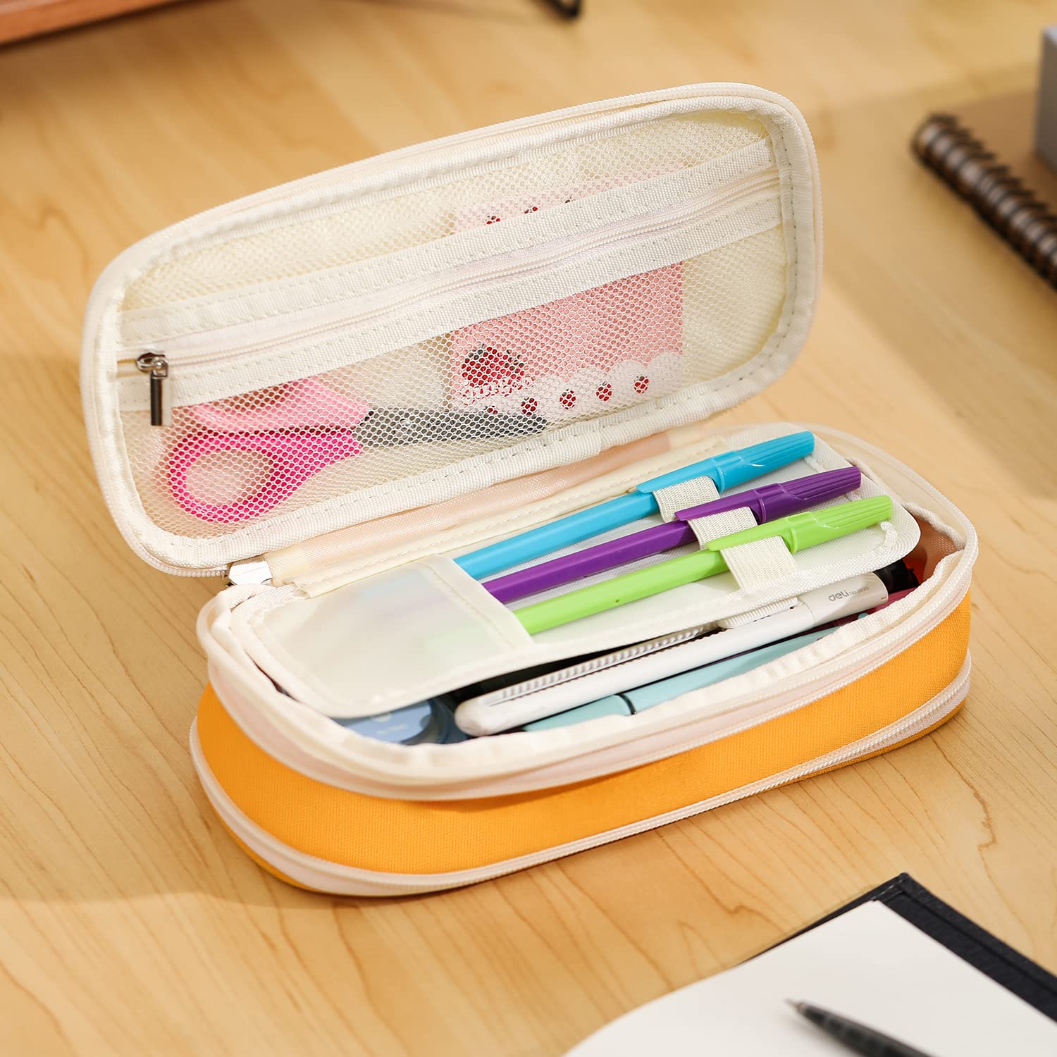 deli Foldable Pencil Pen Case Big Capacity Pencil Pouch Large Pencil Bag Makeup Bag for Teen Boys Girls School Students, Orange