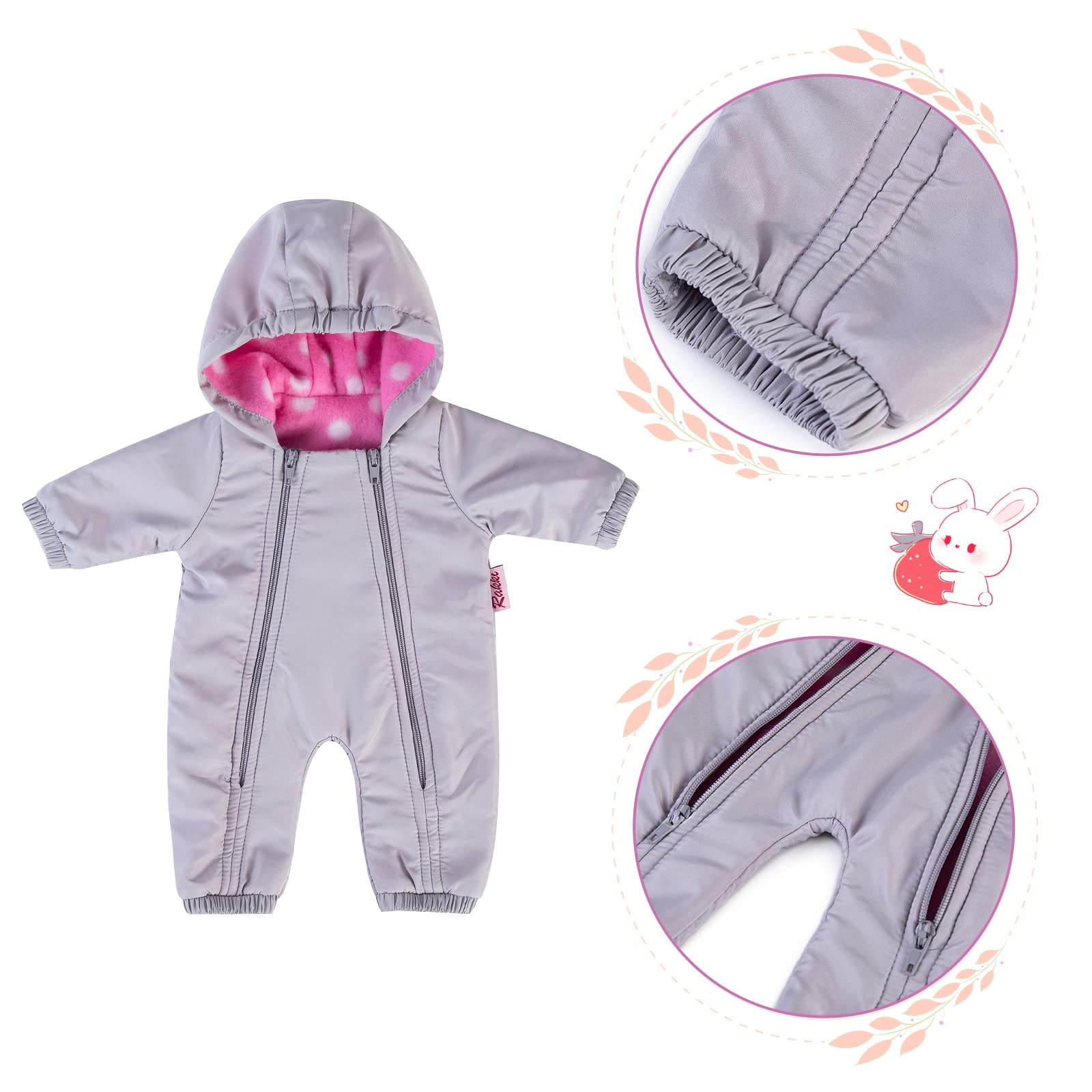 Rakki Dolli Doll Clothes Winter Romper Hooded Romper Grey Outfit Snowsuit Thick Polar Fleece Warm Jumpsuit Fits 18" American Girl Doll 010