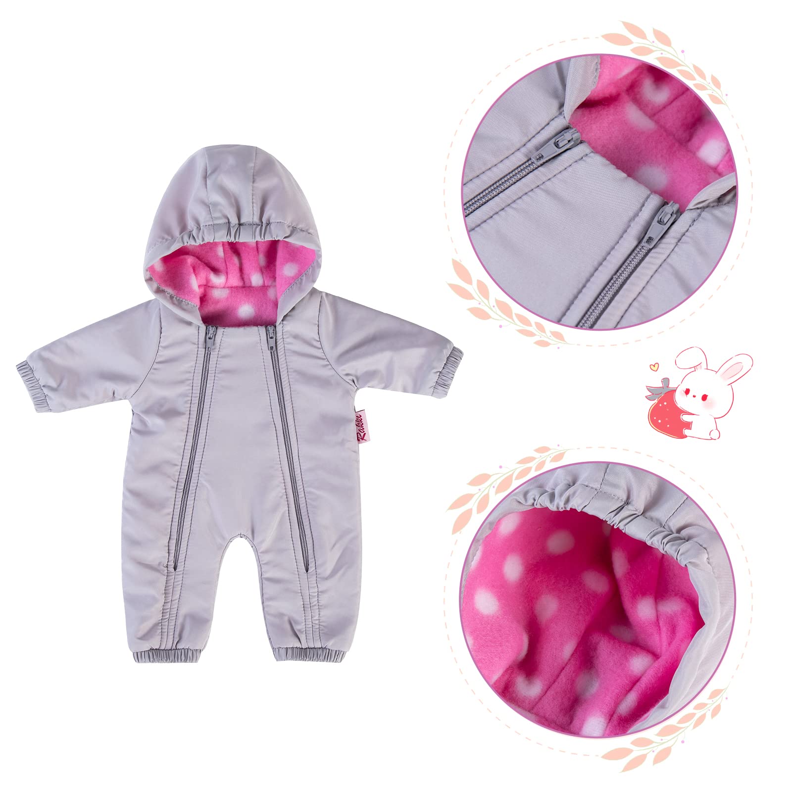 Rakki Dolli Doll Clothes Winter Romper Hooded Romper Grey Outfit Snowsuit Thick Polar Fleece Warm Jumpsuit Fits 18" American Girl Doll 010