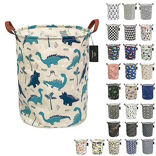 GodenMoninG Collapsible Laundry Basket 62.8L Large Sized Round Waterproof Storage Bin with Handles,Home Decor,Toy Organizer,Children Nursery Hamper. (White Ground Dinosaur)