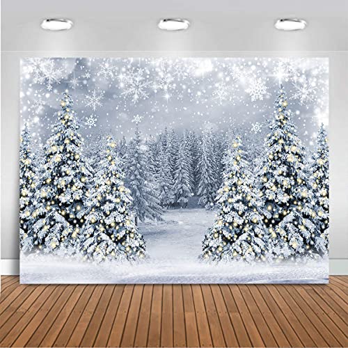 Mocsicka Winter Scene Backdrop Snowy Christmas Pine Tree Halo Spots Photography Background White Wonderland Snowflake Forest Party Holiday Photoshoot Props (White, 7x5ft)