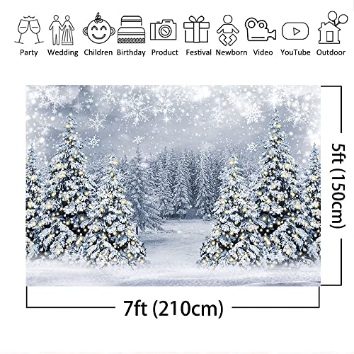 Mocsicka Winter Scene Backdrop Snowy Christmas Pine Tree Halo Spots Photography Background White Wonderland Snowflake Forest Party Holiday Photoshoot Props (White, 7x5ft)