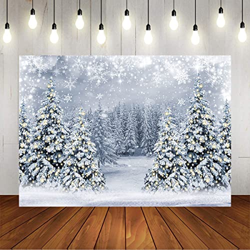 Mocsicka Winter Scene Backdrop Snowy Christmas Pine Tree Halo Spots Photography Background White Wonderland Snowflake Forest Party Holiday Photoshoot Props (White, 7x5ft)