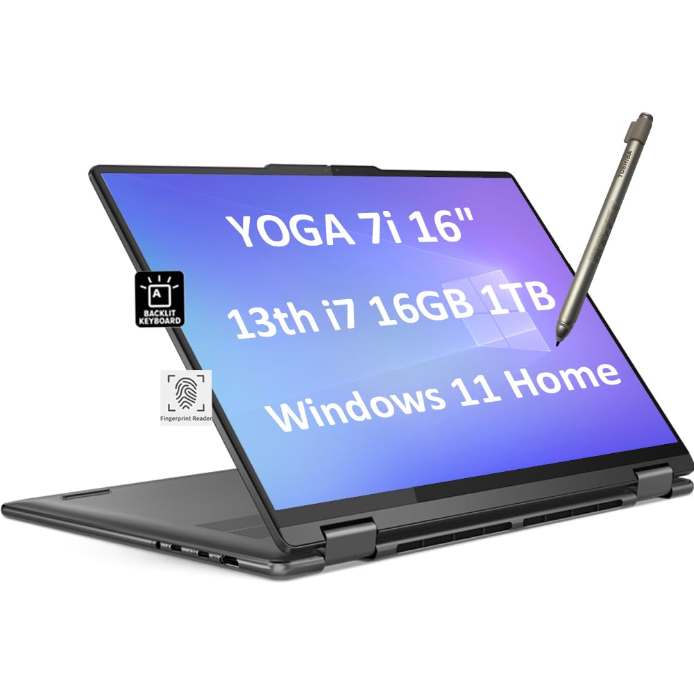 Lenovo Yoga 7 7i 2-in-1 Business Laptop (16" FHD+ Touchscreen, Intel 10-Core i7-1355U, 16GB LPDDR5 RAM, 1TB SSD, Active Stylus), Long Battery Life, Backlit, FP, 1080p Webcam, Win 11 Home, Storm Grey