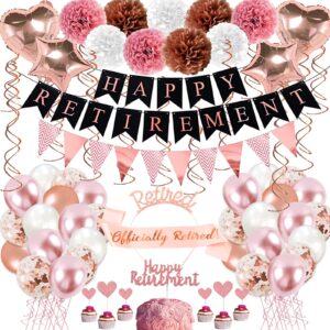 rose gold retirement party decorations, 63 pcs retirement party decorations for women happy retirement banner hanging swirls foil balloon cake toppers retired sash retirement party supplies
