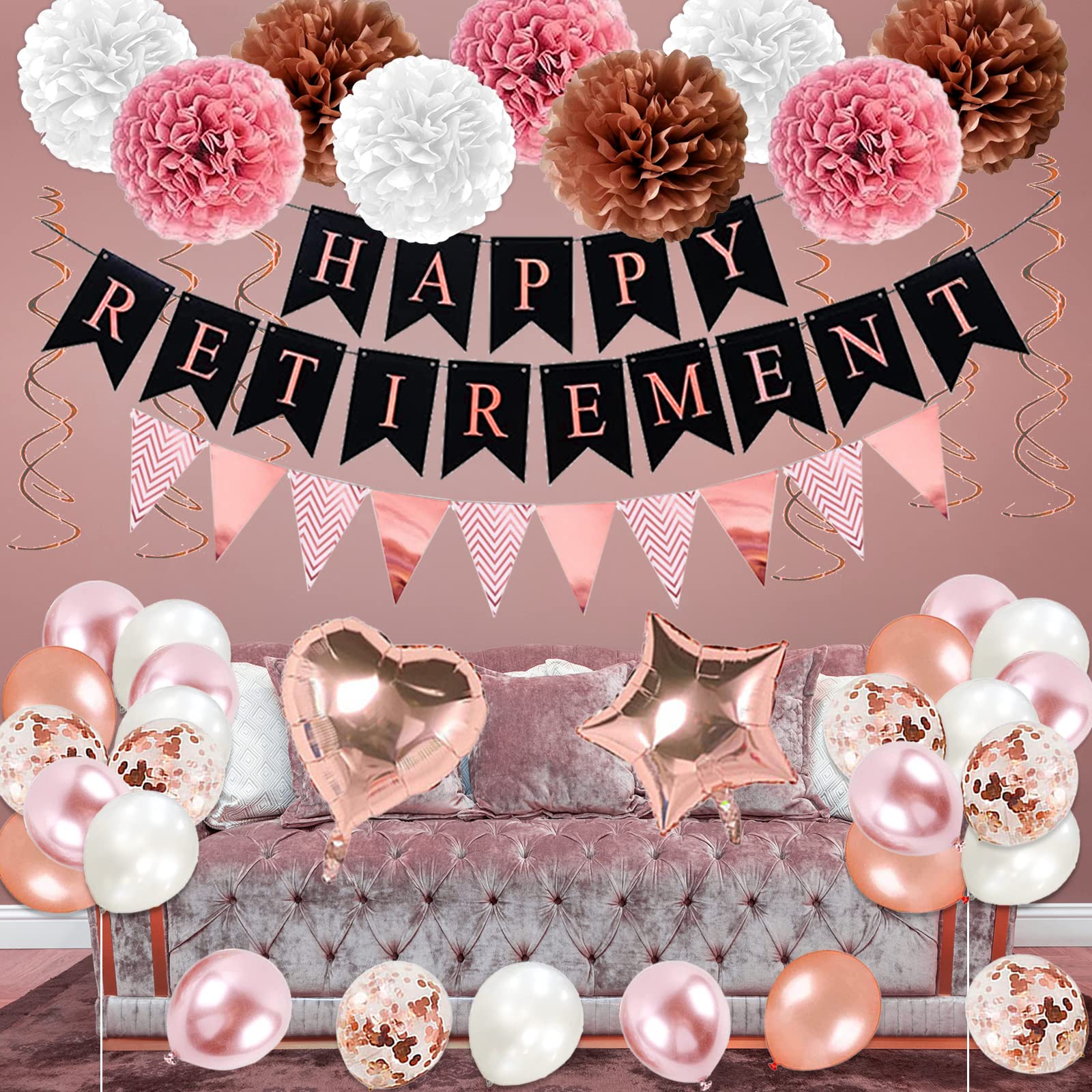 Rose Gold Retirement Party Decorations, 63 Pcs Retirement Party Decorations for Women Happy Retirement Banner Hanging Swirls Foil Balloon Cake Toppers Retired Sash Retirement Party Supplies