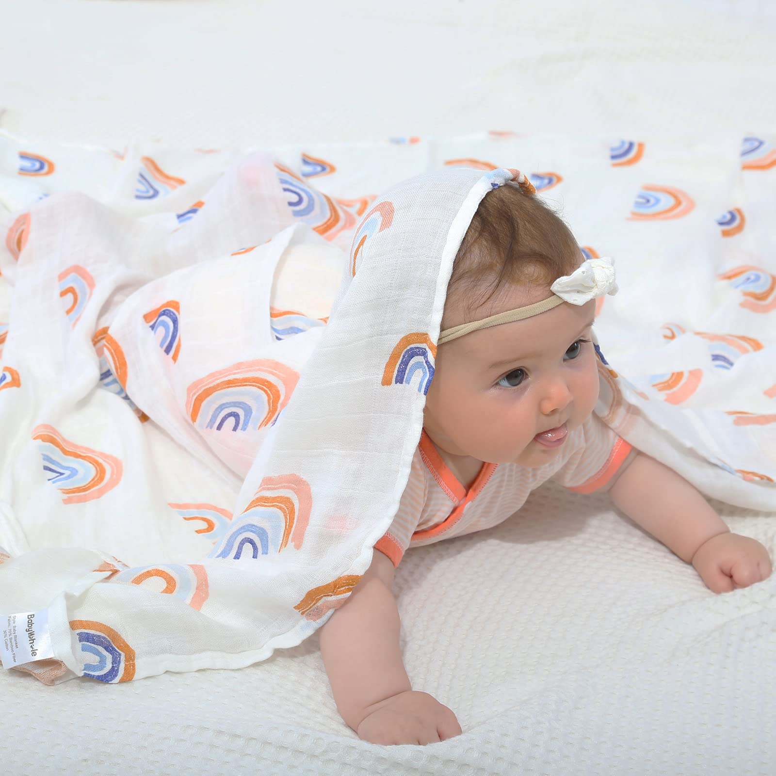 BabyWhale Muslin Swaddle Blanket with Hat and Headband Bow, Rainbow Pattern Swaddle Set for Baby Boys ＆ Girls, Newborn Soft Breathable Unisex Receiving Blanket Wrap, 47x47 inches