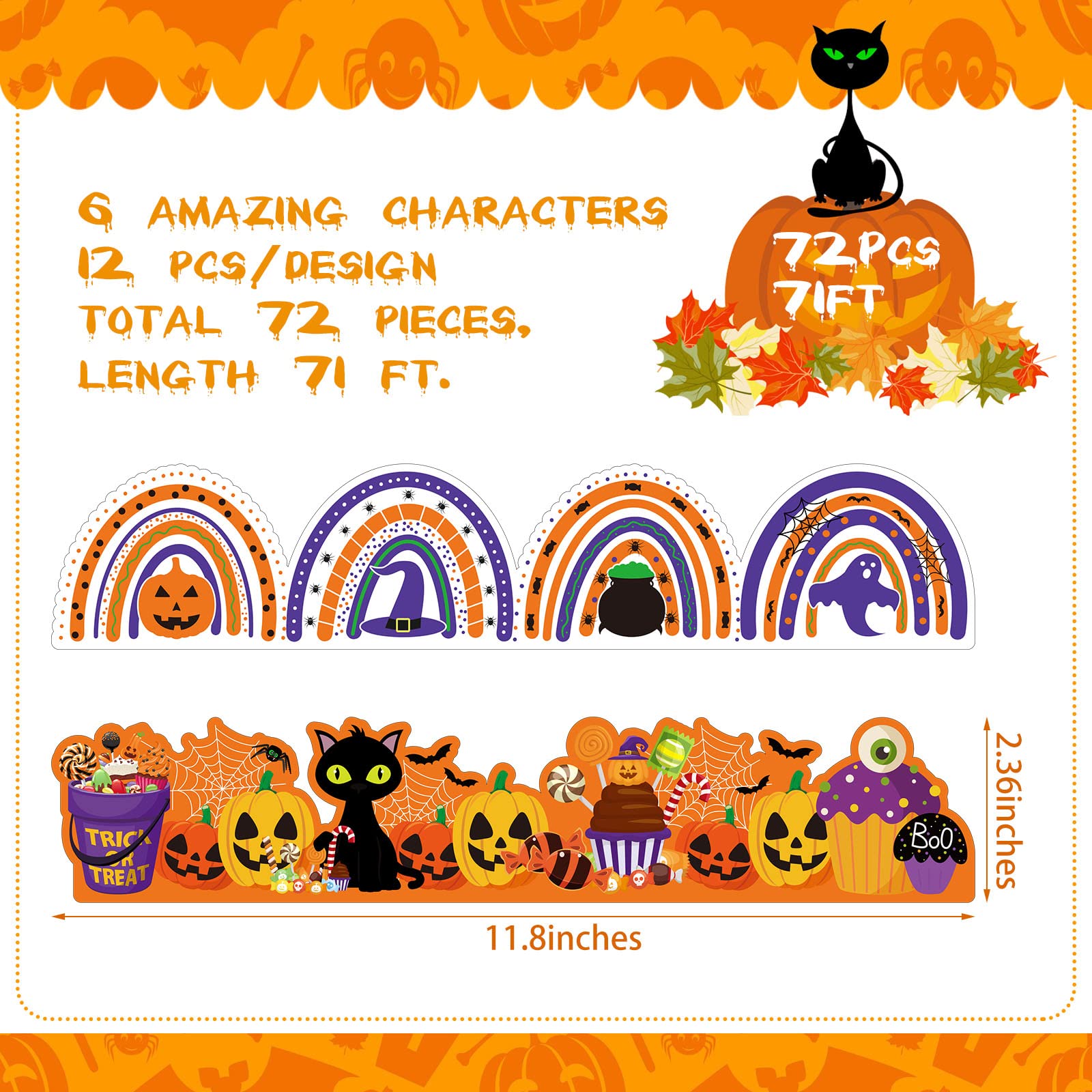 Nezyo 72 Pieces Christmas Bulletin Board Borders Thanksgiving Fall Bulletin Board Trim Halloween Winter Trim Rainbow Blackboard Border Sticker School Decoration Borders, 6 Styles (Cute Style)