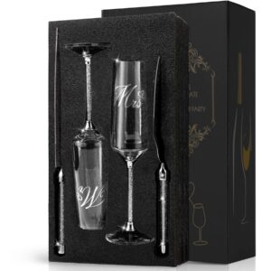 varlka wedding cake knife and server set, champagne flutes engraved mr and mrs for wedding, bride and groom toasting flutes, engagement gift wedding reception supplies (clear diamonds)