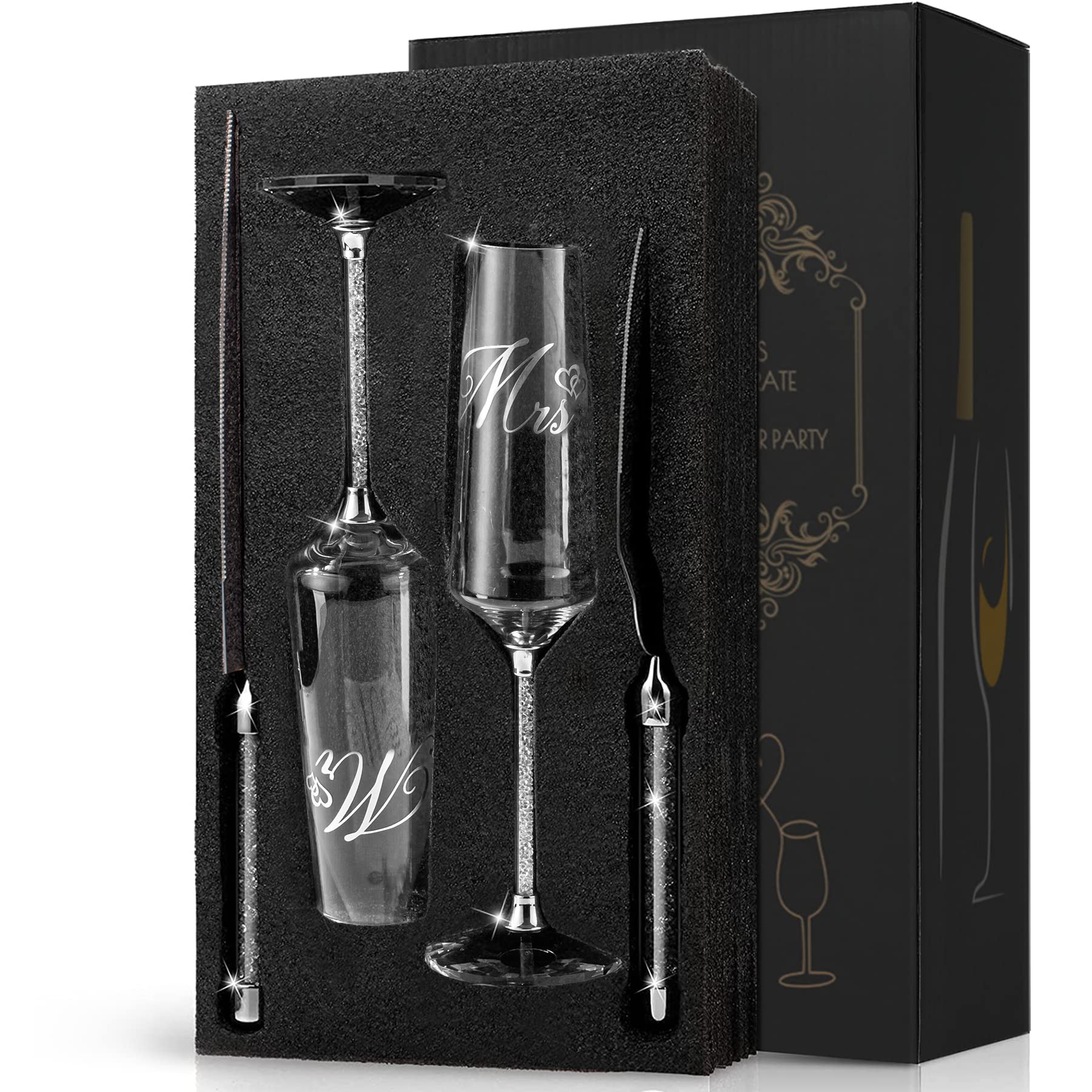 VARLKA Wedding Cake Knife and Server Set, Champagne Flutes Engraved Mr and Mrs for Wedding, Bride and Groom Toasting Flutes, Engagement Gift Wedding Reception Supplies (Clear Diamonds)