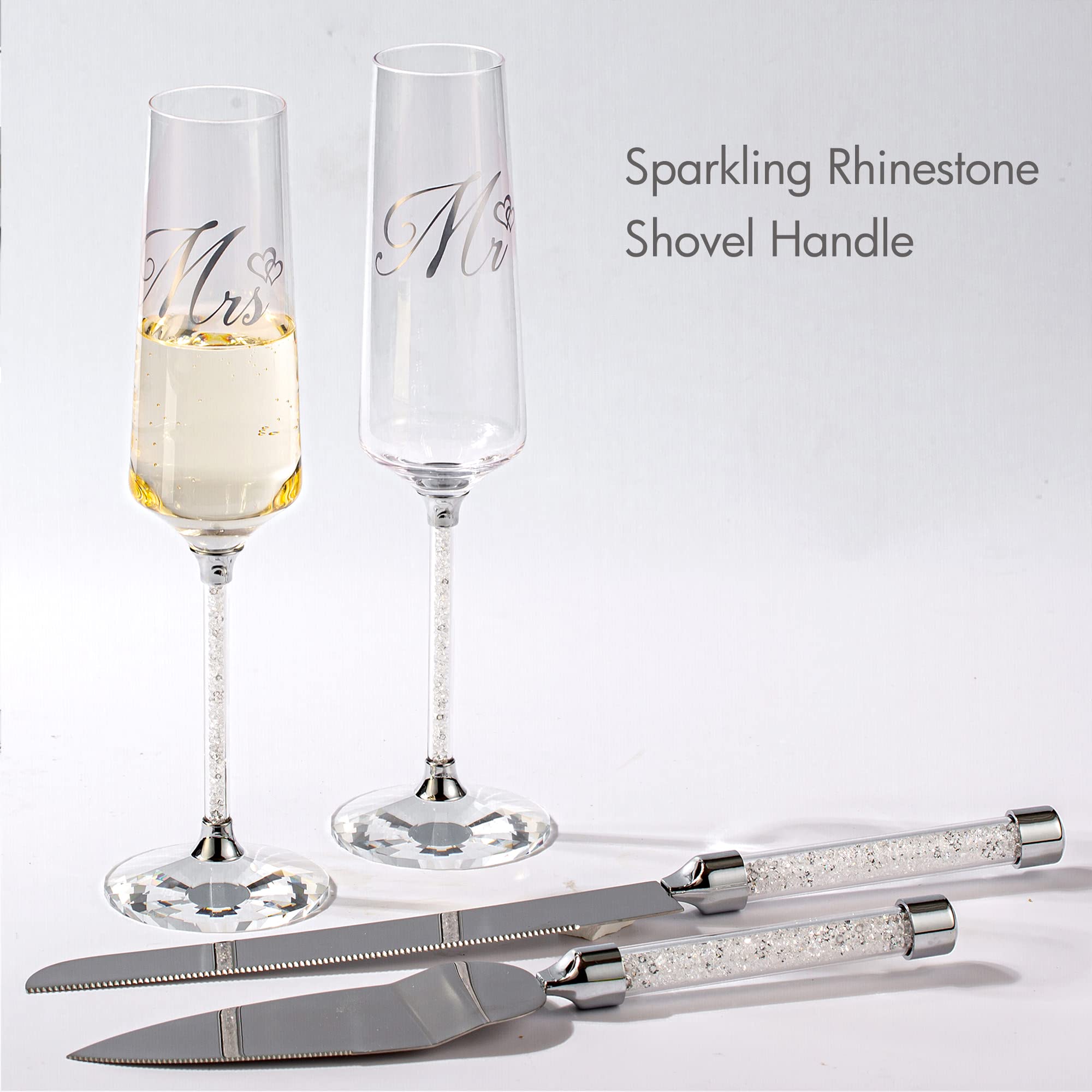 VARLKA Wedding Cake Knife and Server Set, Champagne Flutes Engraved Mr and Mrs for Wedding, Bride and Groom Toasting Flutes, Engagement Gift Wedding Reception Supplies (Clear Diamonds)