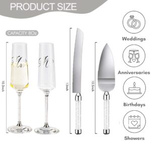 VARLKA Wedding Cake Knife and Server Set, Champagne Flutes Engraved Mr and Mrs for Wedding, Bride and Groom Toasting Flutes, Engagement Gift Wedding Reception Supplies (Clear Diamonds)