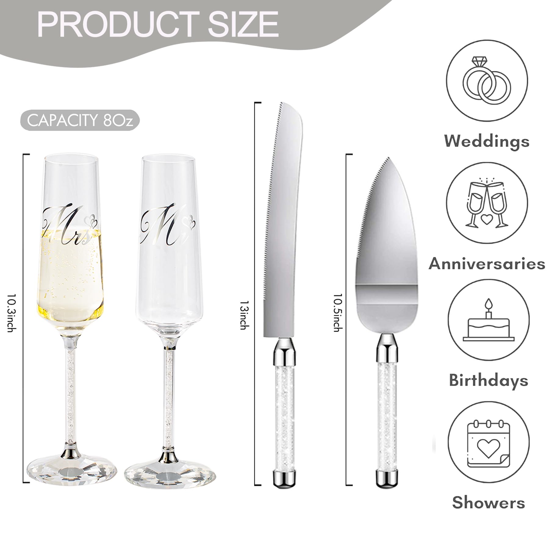 VARLKA Wedding Cake Knife and Server Set, Champagne Flutes Engraved Mr and Mrs for Wedding, Bride and Groom Toasting Flutes, Engagement Gift Wedding Reception Supplies (Clear Diamonds)