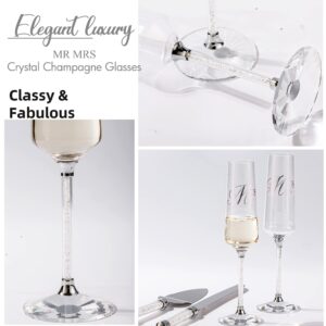 VARLKA Wedding Cake Knife and Server Set, Champagne Flutes Engraved Mr and Mrs for Wedding, Bride and Groom Toasting Flutes, Engagement Gift Wedding Reception Supplies (Clear Diamonds)