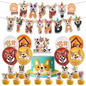 Corgi Party Decorations Backdrop Banner Photography Background Cute Corgi Theme Banner Balloons Cake Toppers Cupcake Toppers Pet Party Kit For Corgi Dog Birthday Party Supplies Decor