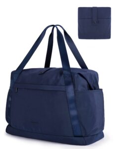 bagsmart foldable travel duffle bag, 30.6l large carry on tote bag gym sports bag for women, weekender overnight bag for travel essentials & daily necessities(navy blue)