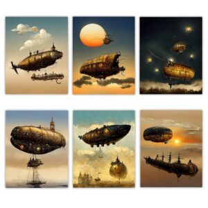 steampunk airships art prints - set of six gallery wall photos (8x10) unframed print poster - science fiction home decor and gift for aviation, sailing, and navigation buffs